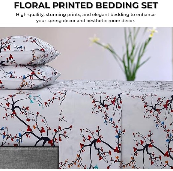Ultra-Soft Flannel Sheet Set, 170-GSM Cotton, Deep Pocket, Cozy Winter Bedding - Queen, Emilla Tree Red