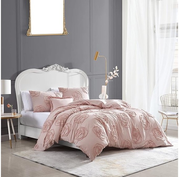 King Duvet Cover Set, Reversible Cotton Bedding with Matching Shams & Bonus Throw Pillow, Ideal for All Seasons (Rambling Roses Pink, King)