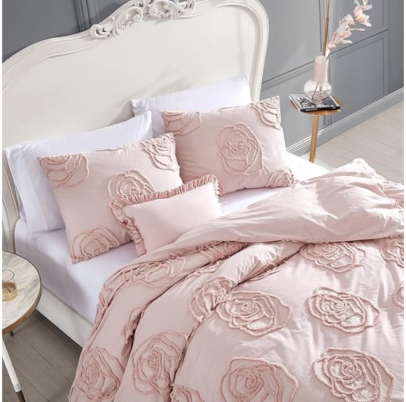 King Duvet Cover Set, Reversible Cotton Bedding with Matching Shams & Bonus Throw Pillow, Ideal for All Seasons (Rambling Roses Pink, King)