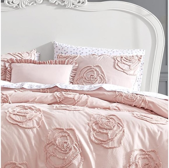 King Duvet Cover Set, Reversible Cotton Bedding with Matching Shams & Bonus Throw Pillow, Ideal for All Seasons (Rambling Roses Pink, King)