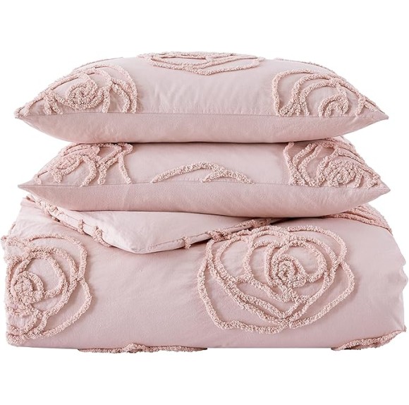 Twin Duvet Cover Set, Reversible Cotton Bedding with Matching Sham & Bonus Throw Pillow, Ideal for All Seasons (Rambling Roses Pink, Twin)