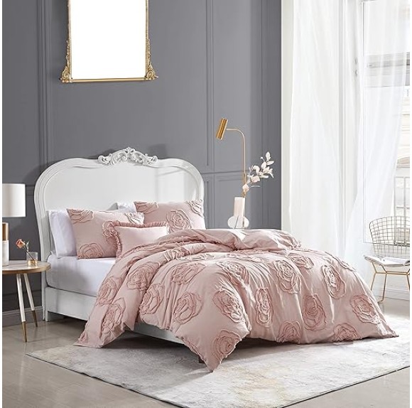 Queen Duvet Cover Set, Reversible Cotton Bedding with Matching Shams & Bonus Throw Pillow, Ideal for All Seasons (Rambling Roses Pink, Queen)