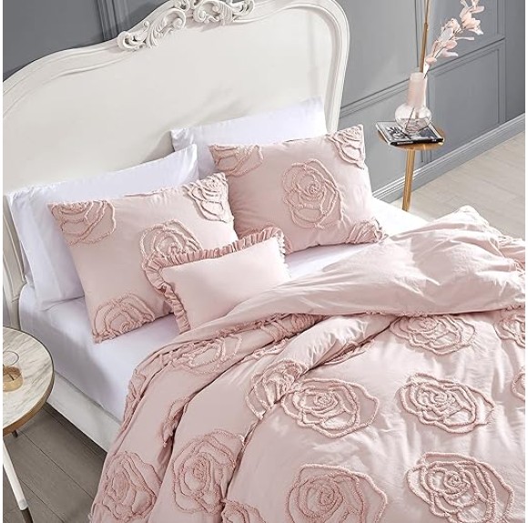 Queen Duvet Cover Set, Reversible Cotton Bedding with Matching Shams & Bonus Throw Pillow, Ideal for All Seasons (Rambling Roses Pink, Queen)
