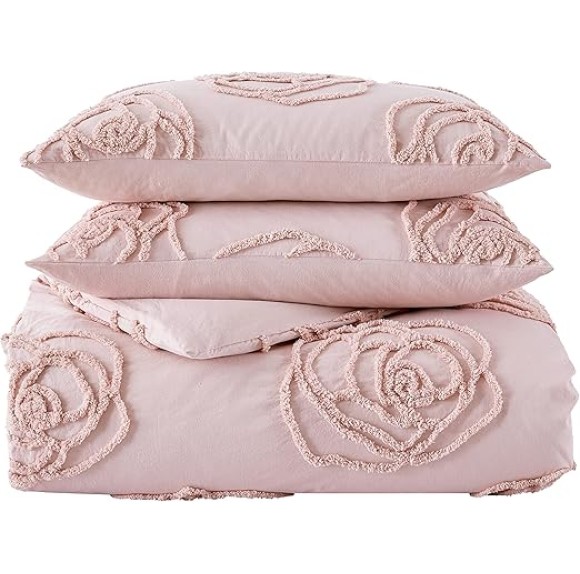 Queen Duvet Cover Set, Reversible Cotton Bedding with Matching Shams & Bonus Throw Pillow, Ideal for All Seasons (Rambling Roses Pink, Queen)
