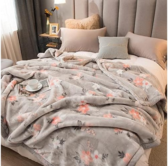 Korean Mink Blanket Plush Blanket Twin Size 60" x 80",5 Pounds Heavy Fleece Cherry Blossom Pink Blanket Silky Soft Warm 2 Ply Throw A&B Printed Raschel Bed Blanket