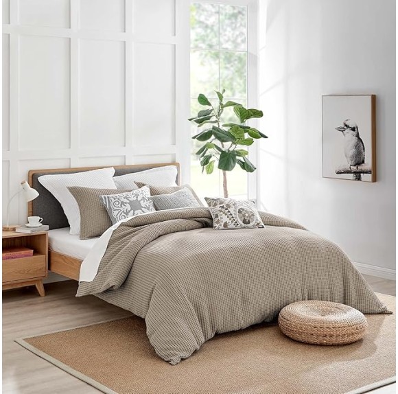 Mills Waffle Beige Fawn Duvet Cover Set - Full/Queen Duvet Cover + Two Standard Pillow Cases - Beige Fawn Waffle Weave - Duvet Cover (90 x 94in.) and Pillow Case (26 x 20in.) - Cotton