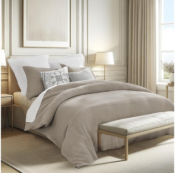 Mills Waffle Beige Fawn Duvet Cover Set - Full/Queen Duvet Cover + Two Standard Pillow Cases - Beige Fawn Waffle Weave - Duvet Cover (90 x 94in.) and Pillow Case (26 x 20in.) - Cotton