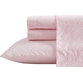 Queen Sheet Set, Cotton Percale Bedding Set, Crisp & Cool, Lightweight & Breathable (Diamond Lace Pink, Queen)