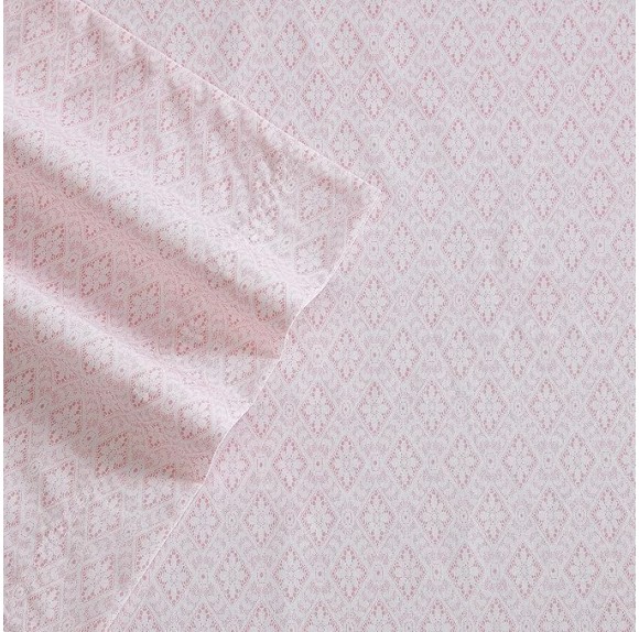 Twin Sheet Set, Cotton Percale Bedding Set, Crisp & Cool, Lightweight & Breathable (Diamond Lace Pink, Twin)