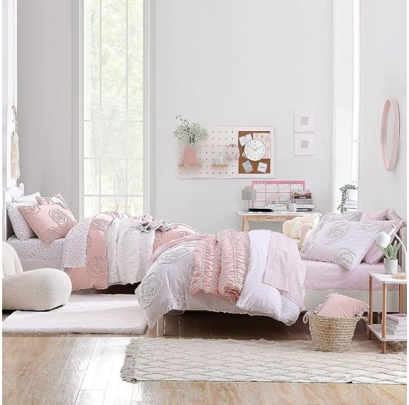Twin Sheet Set, Cotton Percale Bedding Set, Crisp & Cool, Lightweight & Breathable (Diamond Lace Pink, Twin)