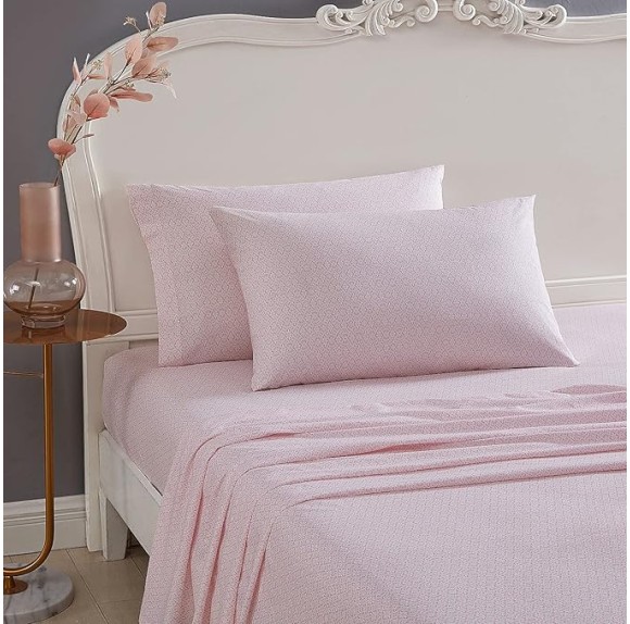 Twin Sheet Set, Cotton Percale Bedding Set, Crisp & Cool, Lightweight & Breathable (Diamond Lace Pink, Twin)