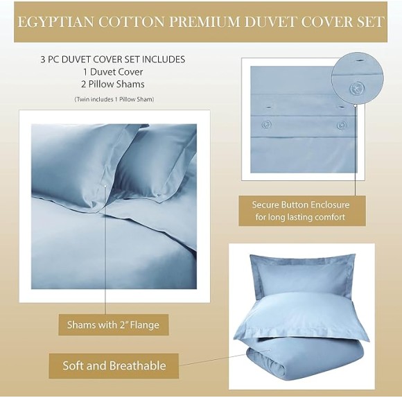 BNM Egyptian Cotton Duvet Cover Set, 1200 Thread Count, Hidden Button Closure, Soft Bedding Basics, 1 Duvet Cover, 2 Pillow Shams, Solid, Geometric Scroll Embroidery, King/California King, Zephyr