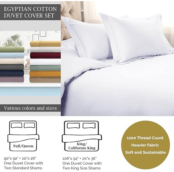 BNM Egyptian Cotton Duvet Cover Set, 1200 Thread Count, Hidden Button Closure, Soft Bedding Basics, 1 Duvet Cover, 2 Pillow Shams, Solid, Geometric Scroll Embroidery, King/California King, Zephyr