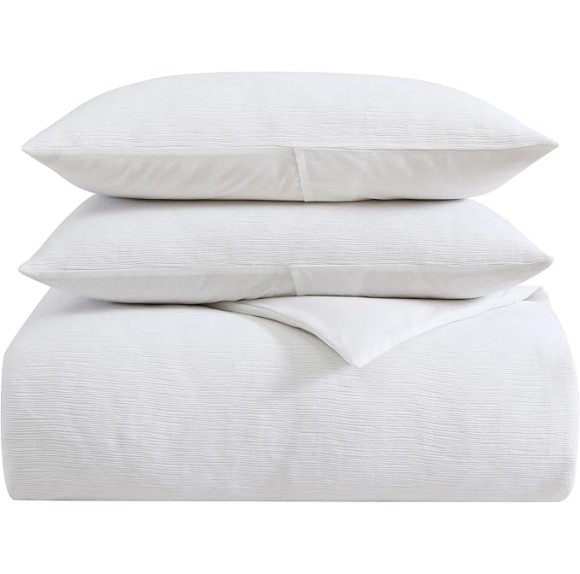 King Duvet Cover Set, Luxury Cotton Bedding with Button Closure, Includes Matching Shams (Textured Pleats White, King)
