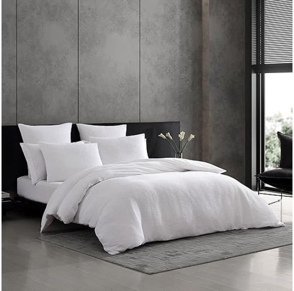 King Duvet Cover Set, Luxury Cotton Bedding with Button Closure, Includes Matching Shams (Textured Pleats White, King)