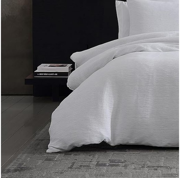 King Duvet Cover Set, Luxury Cotton Bedding with Button Closure, Includes Matching Shams (Textured Pleats White, King)