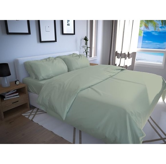 Bundle of 100% Viscose Made from Bamboo Cooling Sheets King Size & 3Pcs Duvet Cover | 2 Pillow Shams with Elegant Button Closure | 6 Pcs Bedding Sheets & Pillow Cases & Luxuriously Soft King Sage