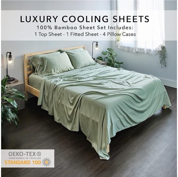 Bundle of 100% Viscose Made from Bamboo Cooling Sheets King Size & 3Pcs Duvet Cover | 2 Pillow Shams with Elegant Button Closure | 6 Pcs Bedding Sheets & Pillow Cases & Luxuriously Soft King Sage