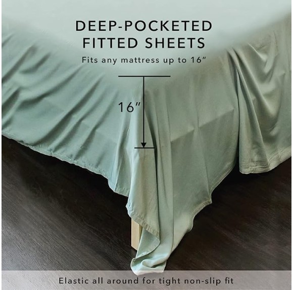 Bundle of 100% Viscose Made from Bamboo Cooling Sheets King Size & 3Pcs Duvet Cover | 2 Pillow Shams with Elegant Button Closure | 6 Pcs Bedding Sheets & Pillow Cases & Luxuriously Soft King Sage