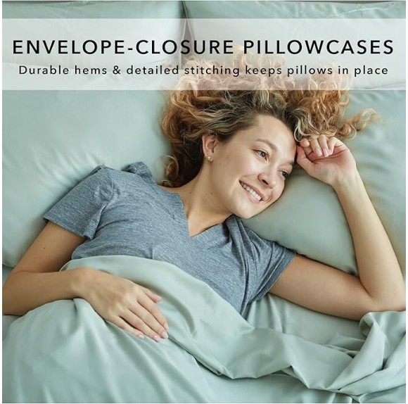 Bundle of 100% Viscose Made from Bamboo Cooling Sheets King Size & 3Pcs Duvet Cover | 2 Pillow Shams with Elegant Button Closure | 6 Pcs Bedding Sheets & Pillow Cases & Luxuriously Soft King Sage