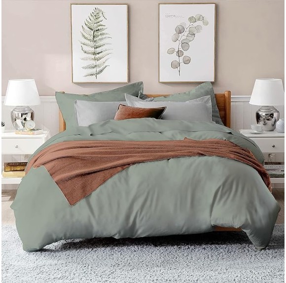 Bundle of 100% Viscose Made from Bamboo Cooling Sheets King Size & 3Pcs Duvet Cover | 2 Pillow Shams with Elegant Button Closure | 6 Pcs Bedding Sheets & Pillow Cases & Luxuriously Soft King Sage