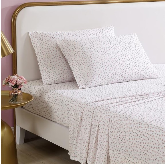 Twin Sheet Set, Cotton Percale Bedding Set, Crisp & Cool, Lightweight & Breathable (Baby Buds Pink, Twin)