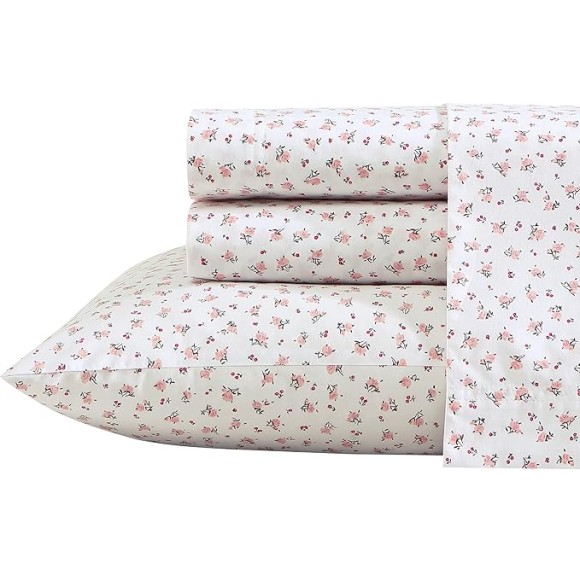 Twin Sheet Set, Cotton Percale Bedding Set, Crisp & Cool, Lightweight & Breathable (Baby Buds Pink, Twin)