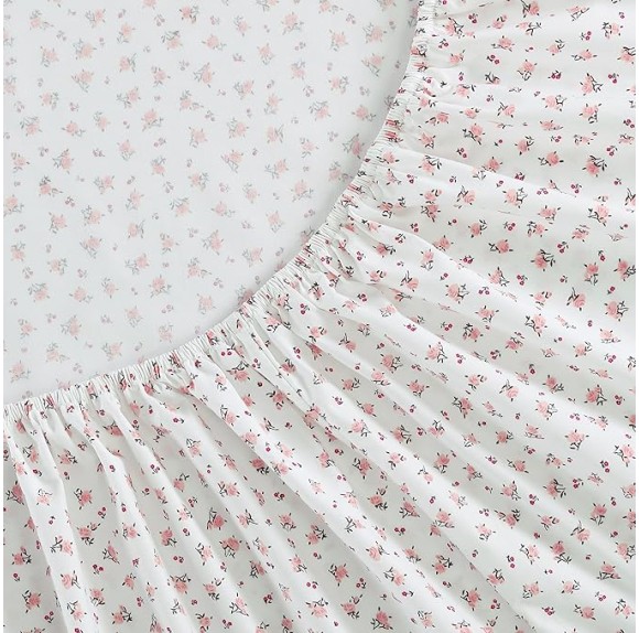 Twin Sheet Set, Cotton Percale Bedding Set, Crisp & Cool, Lightweight & Breathable (Baby Buds Pink, Twin)