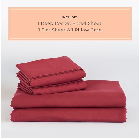 Deep Crimson Red Sheet Set - 1500tc Level of Softness - Extra Soft Cooling Sheets for Hot Sleepers and Night Sweats - XL Twin Size