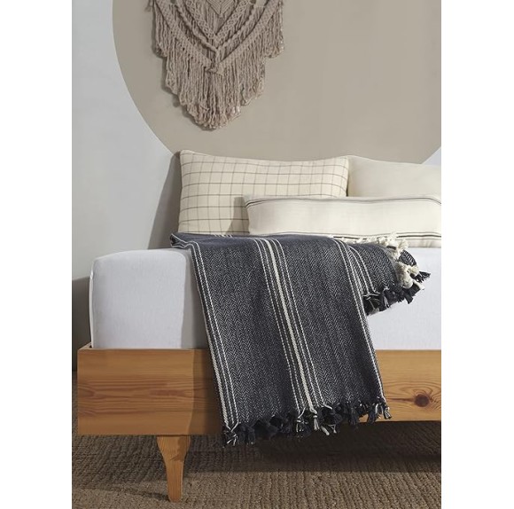 Cream Cotton King Bedspread, Turkish Cotton Throw Blanket, Queen Size Bedspread, Plaid Striped Large Throw, Farmhouse Decor (Navy Blue, 102 x 110 Inches)