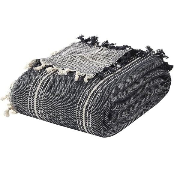 Cream Cotton King Bedspread, Turkish Cotton Throw Blanket, Queen Size Bedspread, Plaid Striped Large Throw, Farmhouse Decor (Navy Blue, 102 x 110 Inches)