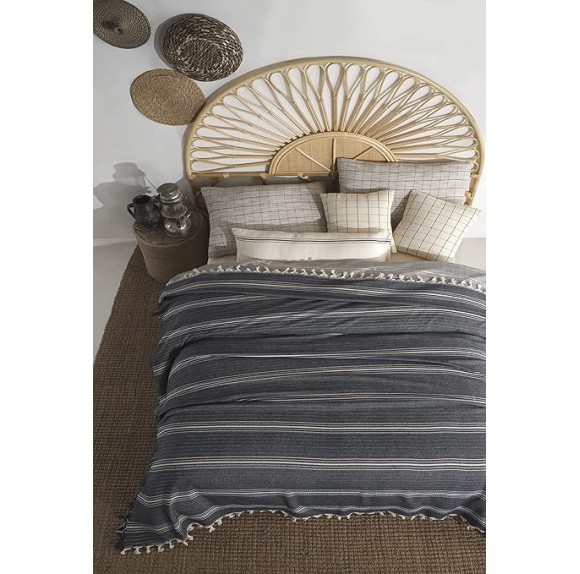 Cream Cotton King Bedspread, Turkish Cotton Throw Blanket, Queen Size Bedspread, Plaid Striped Large Throw, Farmhouse Decor (Navy Blue, 102 x 110 Inches)