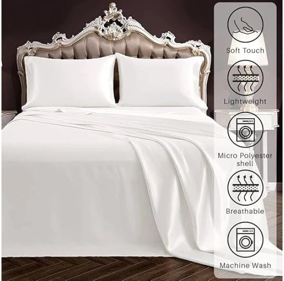 100% Pure Silk Satin Sheet Set 4pcs, Silk Fitted Sheet 15" Deep Pocket Mattress fit,Silk Flat Sheet&Silk Pillowcases Set Soft Silk Sheets|Wrinkle Free Fade Resistant Dark Grey,Queen