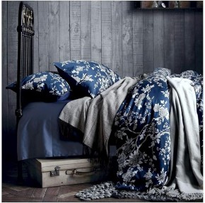 Eastern Floral Chinoiserie Blossom Print Duvet Quilt Cover Navy Blue Tan White Asian Style Botanical Tree Branches Ornamental Drawing 400TC Egyptian Cotton Bedding Set (Navy, Super King)