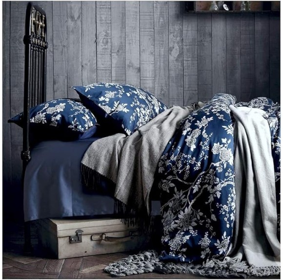 Eastern Floral Chinoiserie Blossom Print Duvet Quilt Cover Navy Blue Tan White Asian Style Botanical Tree Branches Ornamental Drawing 400TC Egyptian Cotton Bedding Set (Navy, Super King)