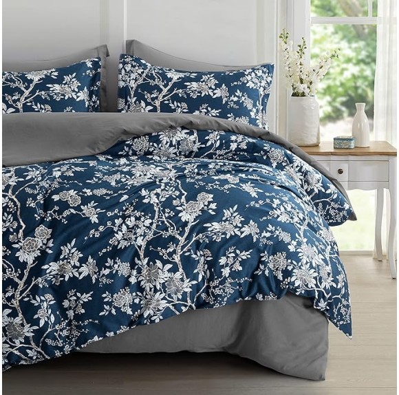 Eastern Floral Chinoiserie Blossom Print Duvet Quilt Cover Navy Blue Tan White Asian Style Botanical Tree Branches Ornamental Drawing 400TC Egyptian Cotton Bedding Set (Navy, Super King)