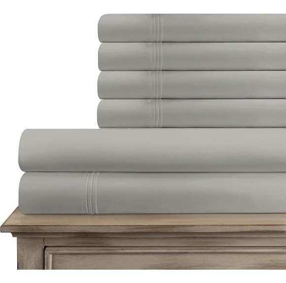 Cotton Blend Bed Sheet Set, Elegant Bedding, 6-Piece Set Includes 1 Elastic Deep Pocket Fitted Bedsheet, 1 Flat Sheet, 4 Pillowcases, Modern Sateen Weave - King, Silver