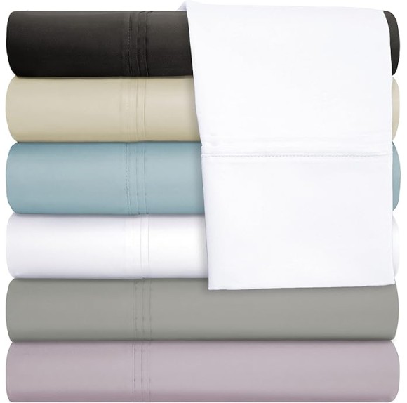 Cotton Blend Bed Sheet Set, Elegant Bedding, 6-Piece Set Includes 1 Elastic Deep Pocket Fitted Bedsheet, 1 Flat Sheet, 4 Pillowcases, Modern Sateen Weave - King, Silver