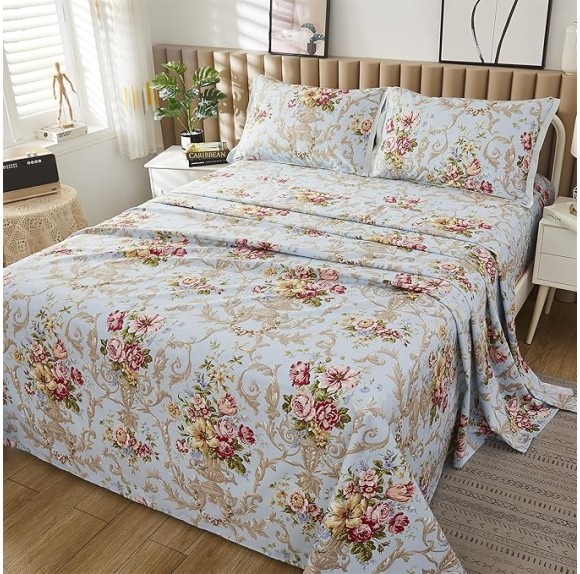 Egyptian Queen Size Cotton Bed Sheets Set (1000 Thread Count) Floral Bedding and Pillow Cases (4 Pc)–Egyptian Cotton Sheets Queen Size Bed- Blue Sheets - 17.7” Queen Deep Pocket Sheets