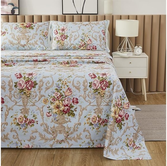 Egyptian Queen Size Cotton Bed Sheets Set (1000 Thread Count) Floral Bedding and Pillow Cases (4 Pc)–Egyptian Cotton Sheets Queen Size Bed- Blue Sheets - 17.7” Queen Deep Pocket Sheets