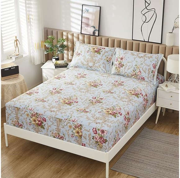Egyptian Queen Size Cotton Bed Sheets Set (1000 Thread Count) Floral Bedding and Pillow Cases (4 Pc)–Egyptian Cotton Sheets Queen Size Bed- Blue Sheets - 17.7” Queen Deep Pocket Sheets