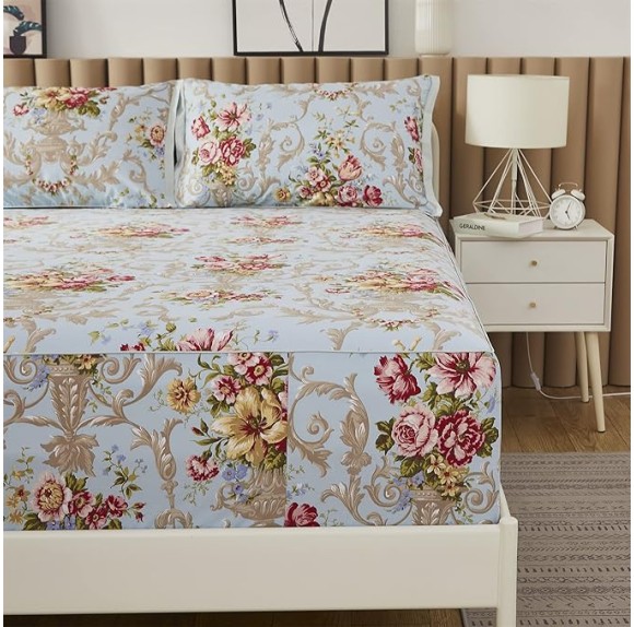 Egyptian Queen Size Cotton Bed Sheets Set (1000 Thread Count) Floral Bedding and Pillow Cases (4 Pc)–Egyptian Cotton Sheets Queen Size Bed- Blue Sheets - 17.7” Queen Deep Pocket Sheets