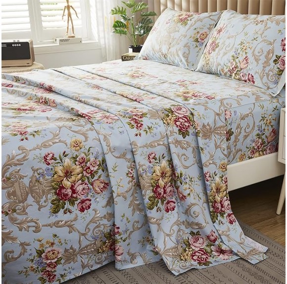 Egyptian Queen Size Cotton Bed Sheets Set (1000 Thread Count) Floral Bedding and Pillow Cases (4 Pc)–Egyptian Cotton Sheets Queen Size Bed- Blue Sheets - 17.7” Queen Deep Pocket Sheets