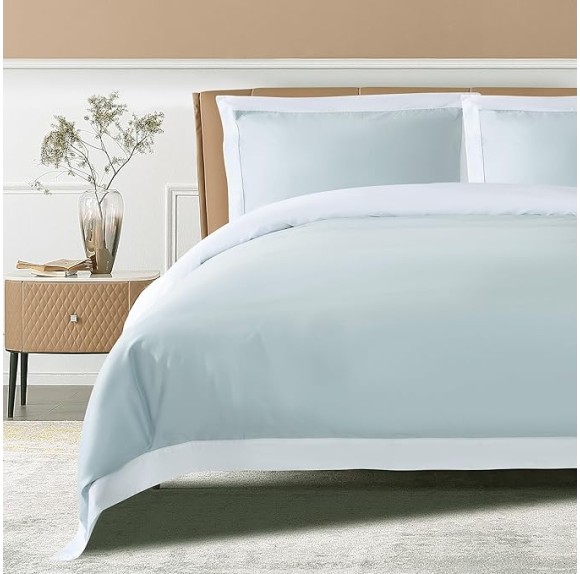100% Luxury Long-Staple Cotton Duvet Cover Set - Soft & Breathable, King/California King Size, Misty Blue + White (1 Duvet Cover with Corner Ties & Hidden Zipper, 2 Pillow Shams)