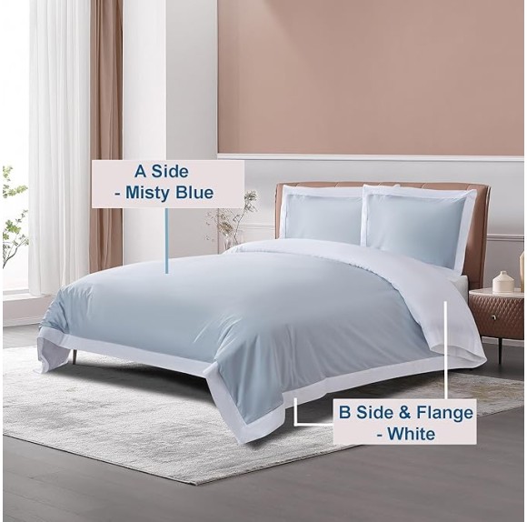 100% Luxury Long-Staple Cotton Duvet Cover Set - Soft & Breathable, King/California King Size, Misty Blue + White (1 Duvet Cover with Corner Ties & Hidden Zipper, 2 Pillow Shams)