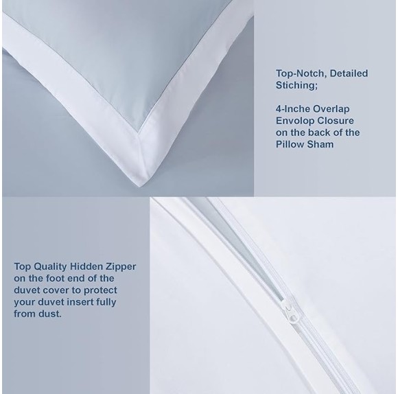 100% Luxury Long-Staple Cotton Duvet Cover Set - Soft & Breathable, King/California King Size, Misty Blue + White (1 Duvet Cover with Corner Ties & Hidden Zipper, 2 Pillow Shams)