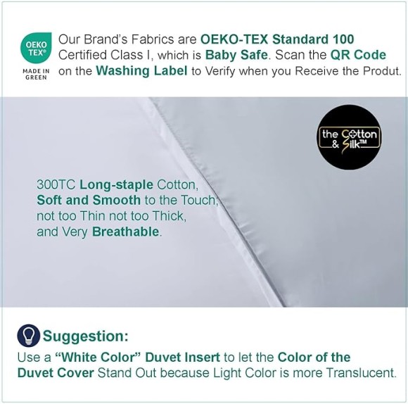 100% Luxury Long-Staple Cotton Duvet Cover Set - Soft & Breathable, King/California King Size, Misty Blue + White (1 Duvet Cover with Corner Ties & Hidden Zipper, 2 Pillow Shams)