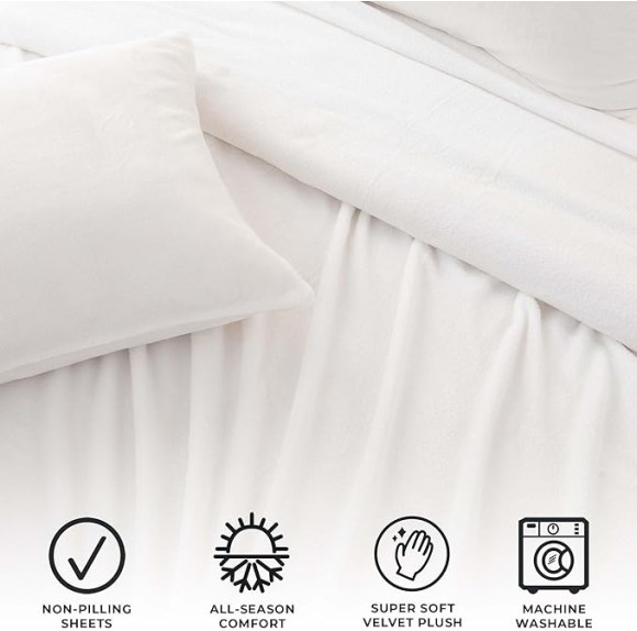 Extra Soft Velvet Plush California King Micro Fleece Sheet Set | Deluxe Microplush Non Pilling Sheets, Deep Pocket | Lavish Sherpa Velvet Luxe Collection (Cal King, Winter White)