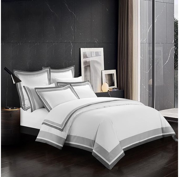 Casabolaj Shading 3 Pcs Do Not Include Filling Duvet Cover Set 100% Egyptian Cotton Sateen Luxury 400 TC Classic Contemporary Patchwork Button Closure Corner Ties-White/Taupe/Grey (California King)