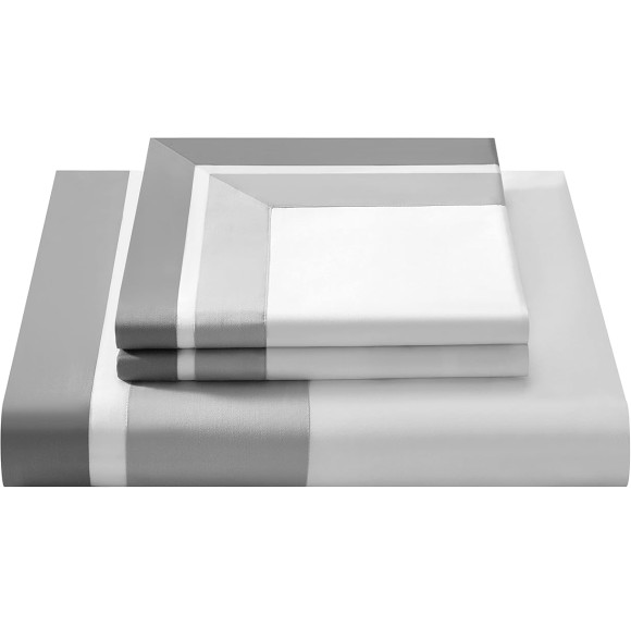 Casabolaj Shading 3 Pcs Do Not Include Filling Duvet Cover Set 100% Egyptian Cotton Sateen Luxury 400 TC Classic Contemporary Patchwork Button Closure Corner Ties-White/Taupe/Grey (California King)